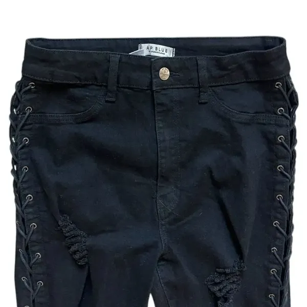 Womens AP Blue by Aphrodite Jeans Distressed Flare Leg Lace Up Jeans Sz 11 - Image 2