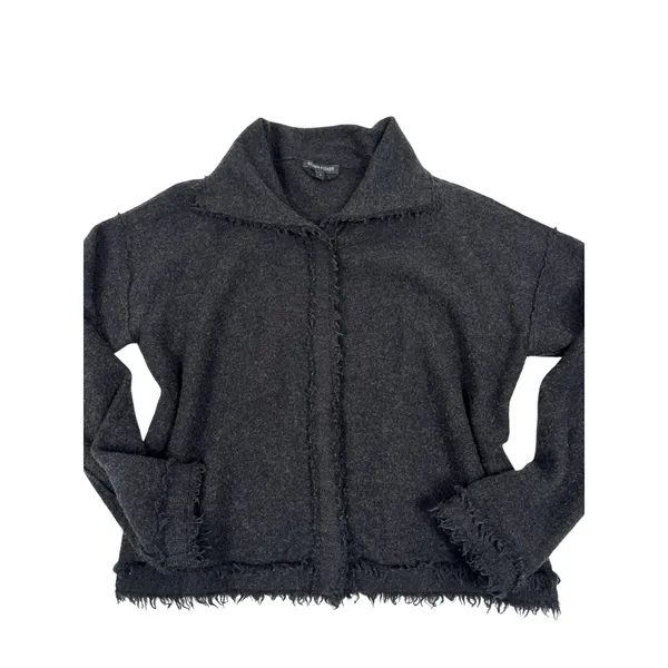 Eileen Fisher Gray 100% Merino Wool Fringed Snap Front Cardigan Jacket Small - Image 2