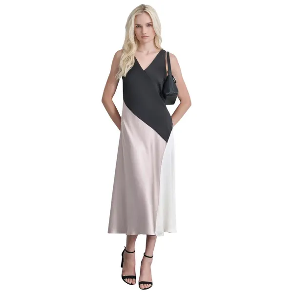 DKNY Satin Colorblocked Slip V Neck Midi Dress Black / Cloud / Eggshell 16 - Image 11
