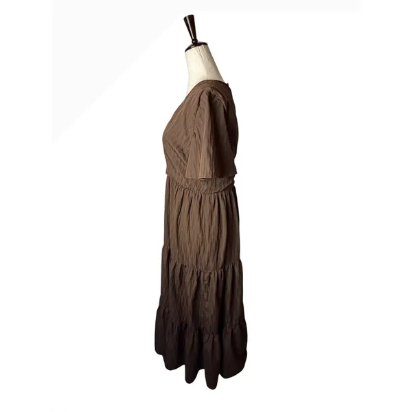 Showpo Cryzel Midi Dress Women 4 Brown Flutter Sleeve Tiered Boho Minimalist - Image 4