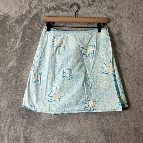 Vintage Lilly Pulitzer Reversible Floral Fish A-Line Mini‎ Skirt Blue Green 2 - Image 3