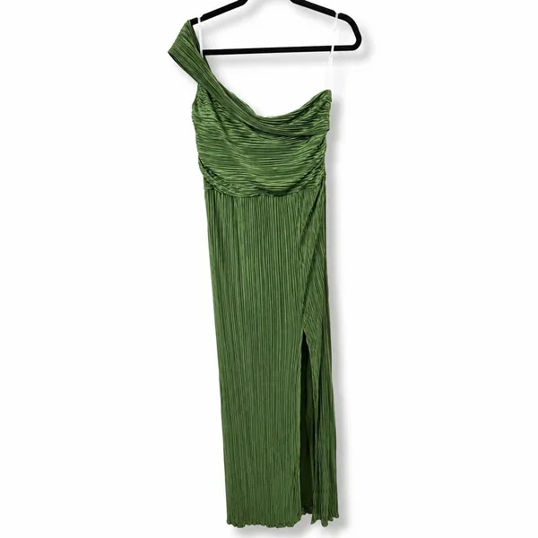 NEW Lulus Poised Performance Olive Green Plisse One-Shoulder Maxi Dress Large - Image 5
