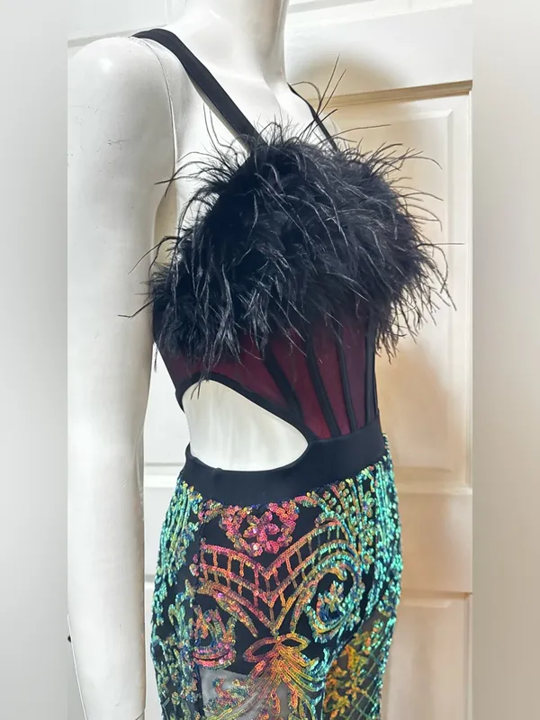 Revolution 10th House Dance Costume sequin Feather jumpsuit ZODIAC - Image 5