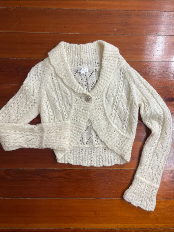 Rare Vintage Y2K Mohair & Wool LOFT Pointelle Crop Bolero Cardigan Sz L 💛🎀 - Image 6