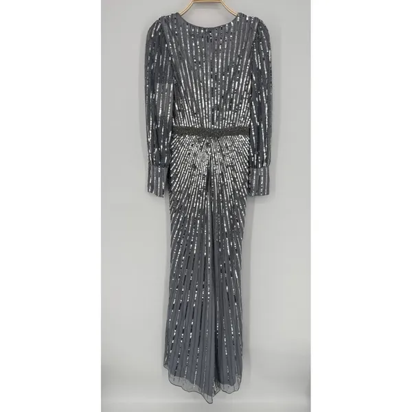 Mac Duggal Sequined Wrap Over Bishop Sleeve‎ Gown 4 Silver Formal Gala Wedding - Image 7