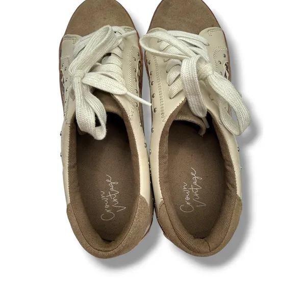 Crown Vintage Sneakers 8 Beige Mixed Media‎ Studded Snakeskin Lace Up Low Top - Image 5
