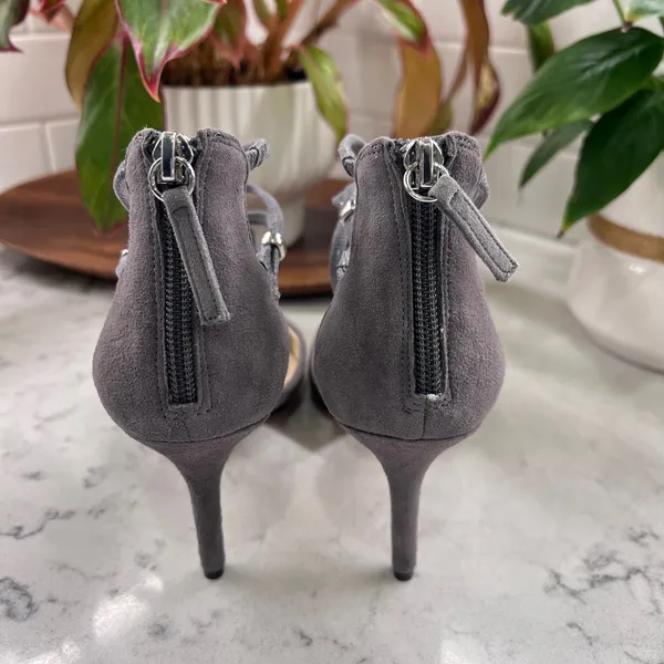 White House Black Market Grey Suede Strappy Pointed Toe Stiletto Heels Pumps - Image 7