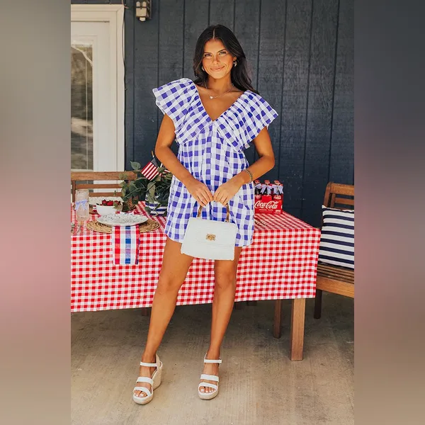 Lulus NWOT Day & Moon Boutique Brand White/Blue Checker Gingham Print Romper | Size: M - Image 2