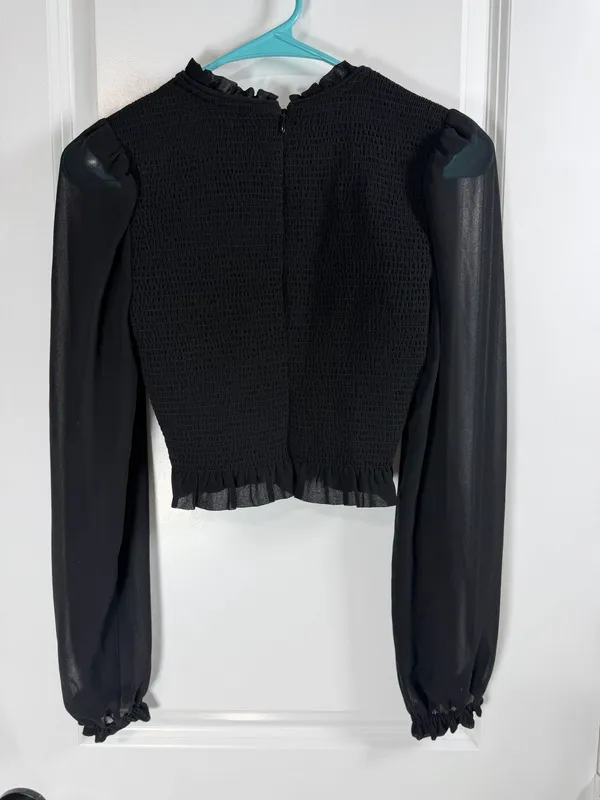 Wilfred Aritzia Black Tempest Smocked Blouse with Sheer Long Sleeves - Image 4