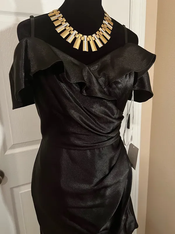 David's Bridal Black Off-Shoulder Satin Fancy Bridesmaid Wedding Guest Dress - Image 2