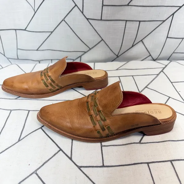 Bed Stu Mules 38 Tan Woven Leather Pointed Toe‎ Slides Low Heel - Image 6