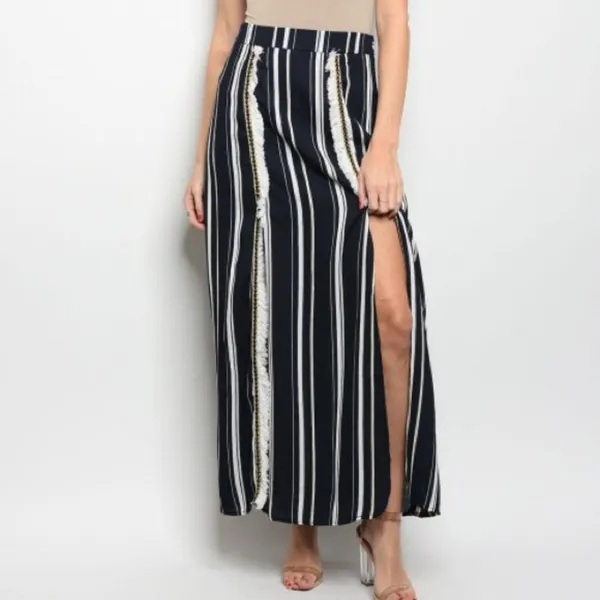 Polagram Navy Blue & White Stripe Split Maxi Skirt Women's Size Large - Image 2