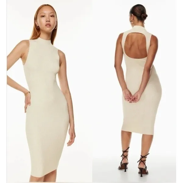 Aritzia Babaton‎ Cream Midi Dress Mock Neck Cut Out Open Back Large - Image 2