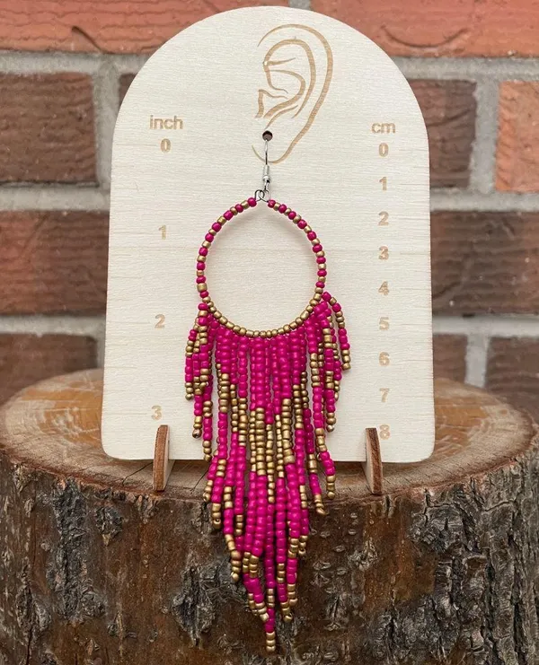Beaded Fringe Hoop Drop Earrings - Dark Pink & Brass - Image 2