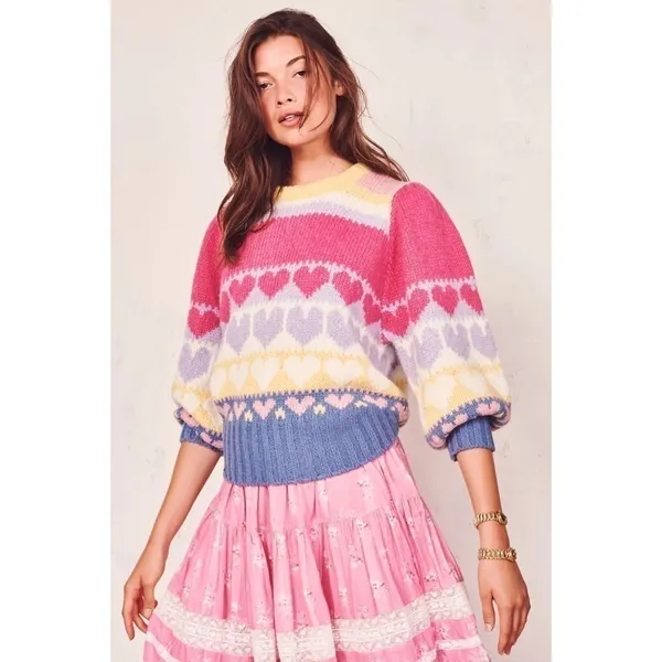 LoveShackFancy‎ Sweater Shirelle Puff-Sleeve Heart Wool Alpaca Pink Icing M EUC - Image 12