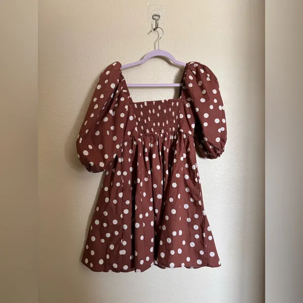Abercrombie & Fitch Brown Polka Dot Emerson Puff Sleeve Mini Dress Sz Small‎ NEW - Image 5