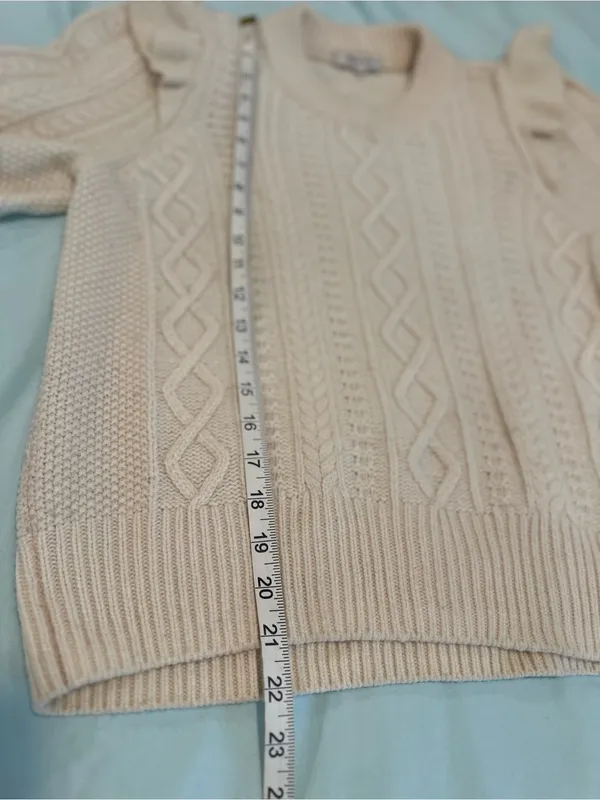 Madewell Hollydene Sz:M Merino Wool ruffle shoulders cream cable-knit sweater. - Image 6