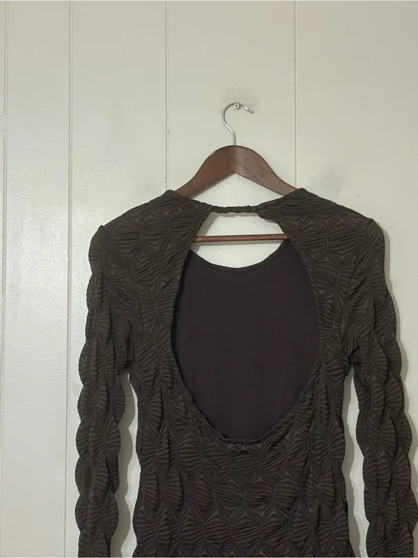 Free People Paulie Textured Open Back Mini Dress Brown M Bodycon Long Sleeve - Image 10