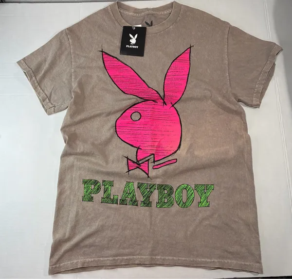NWT: Playboy by PacSun Brown Mineral Wash T-Shirt Pink Bunny Green Logo Y2K - Image 2