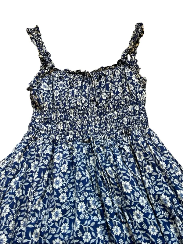 Blue Floral Babydoll Midi Dress Milkmaid Smocked Waist Cottage Boho Summer - Image 2