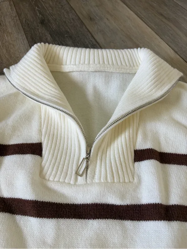 Amazon Cream and Brown Striped Shawl Collar Sweater - Image 2