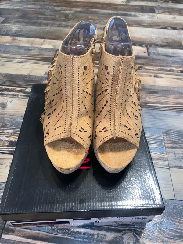 Not Rated Tan Suede Fringe Delight Laser-Cut Cork Wedge Sandals - Image 2