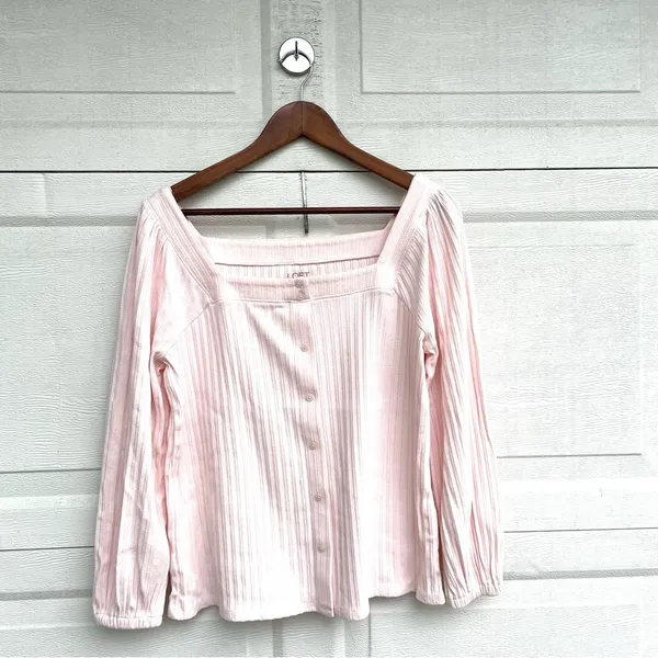 Loft Womens Shirt Pastel Pink Ribbed Square Neck Milkmaid Button Up Size Medium - Image 2