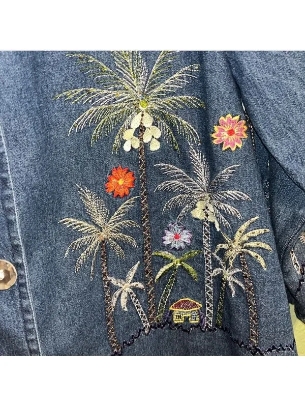 NEW Vintage Blue Jean Jacket Embroidered Palm Trees tropical resort cruise vacay - Image 6