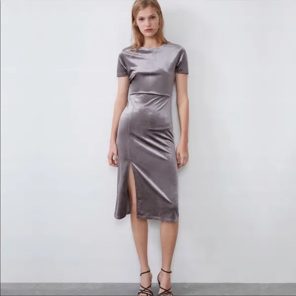 ZARA velvet midi dress in metallic taupe grey‎ Size Small - Image 3