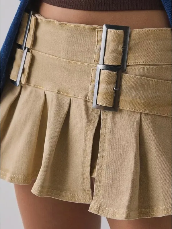 UO BDG Double Trouble Belted Denim Micro Mini Skort Urban Outfitters Tan/Beige L - Image 4