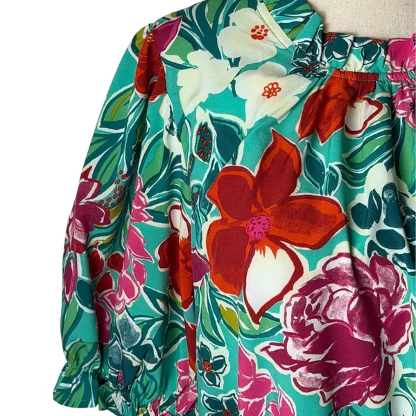THML Dress Women XL Green Floral Puff Sleeve Ruffle Neck Tiered Mini Bohemian‎ - Image 3