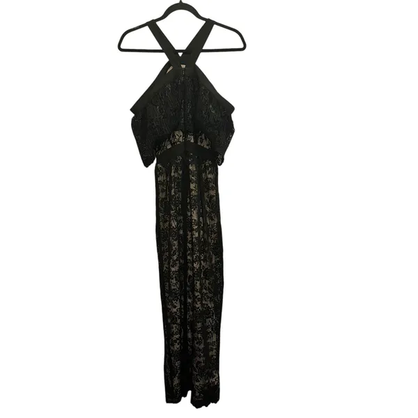 Lucy Paris Black Lace Maxi Dress Nude Lined Strappy Off‎ Shoulder Gown Small NWT - Image 3