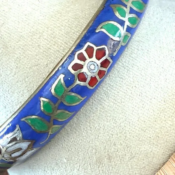 Vintage Thailand Cloisonné Floral Bangle Bracelet Blue Enamel Hinged - Image 6