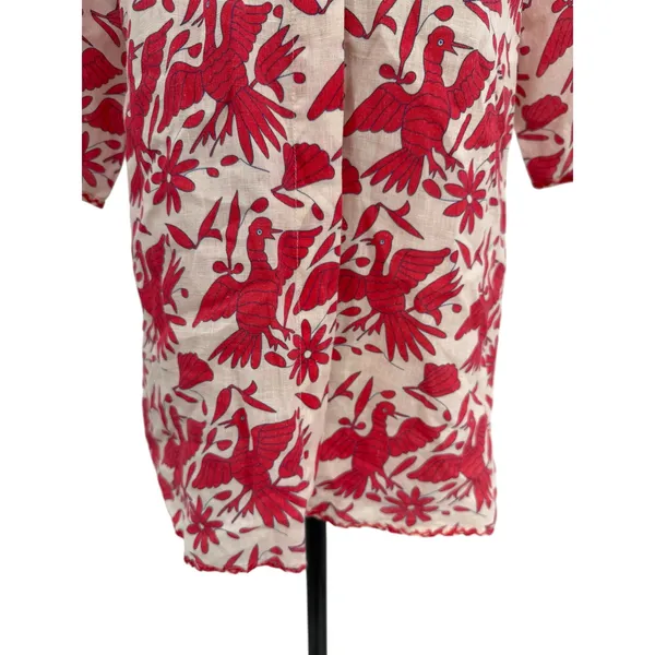Nimo With Love Linen Bird Print Ruffle Neck Blouse‎ Red Cream Size XS - Image 3