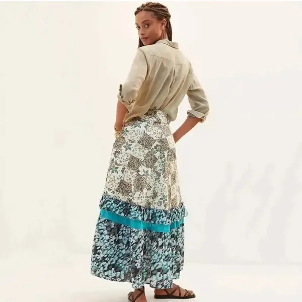 Blue Cream Patchwork Maxi Skirt - Image 3