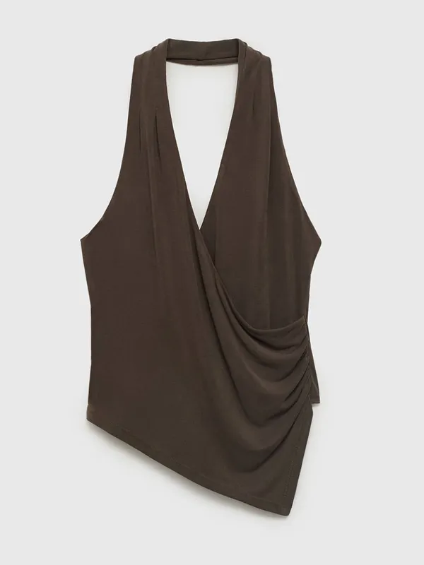MANGO MNG - NWT Sleeveless Halter Wrap Top asymmetrical hem Brown - Image 6