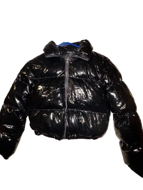 NWT Nanyfair Women's Black Shiny Vinyl Cropped Puffer Jacket Size L - Image 7