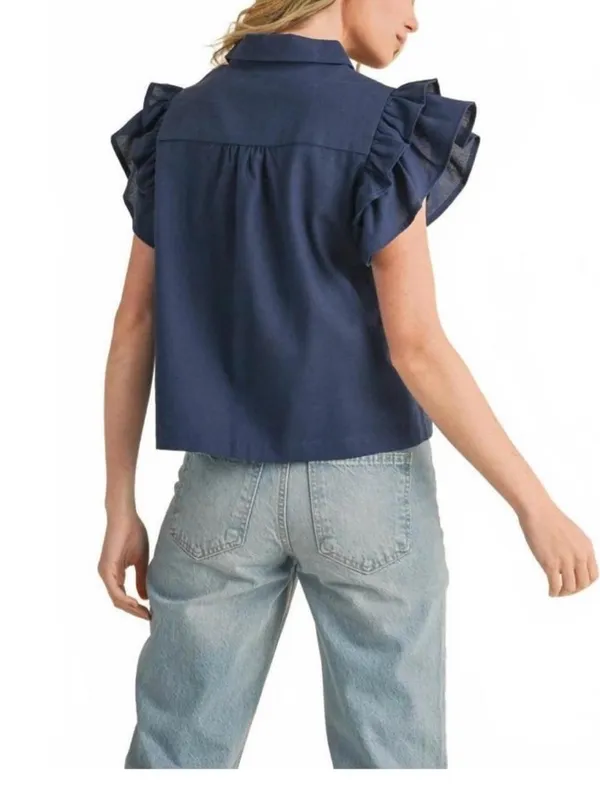 &Merci Navy Cutout Button-Front Ruffle Sleeve Shirt - Image 2