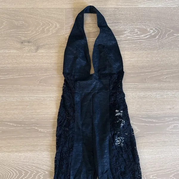 Innovare Denim Lace Jumpsuit Plunge Cutout Bethan Size L Black - Image 2