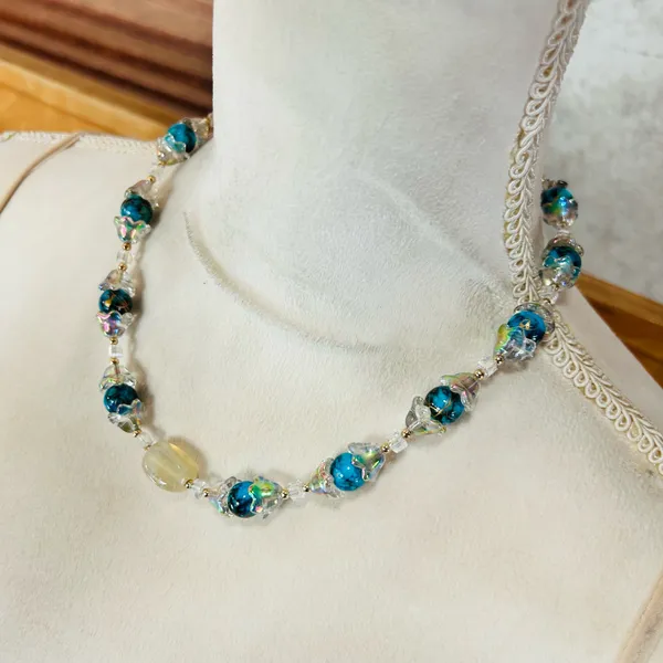 Handmade Handcrafted blue tone art glass bead faceted crystal agate necklace - Image 3