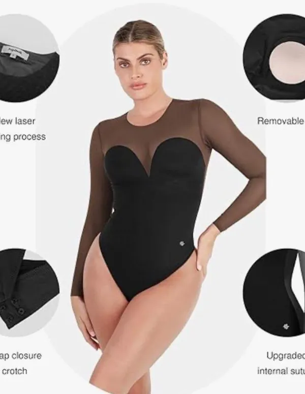 Popilush Sheer Mesh Shapewear Long Sleeve Thong Bodysuit - Image 6