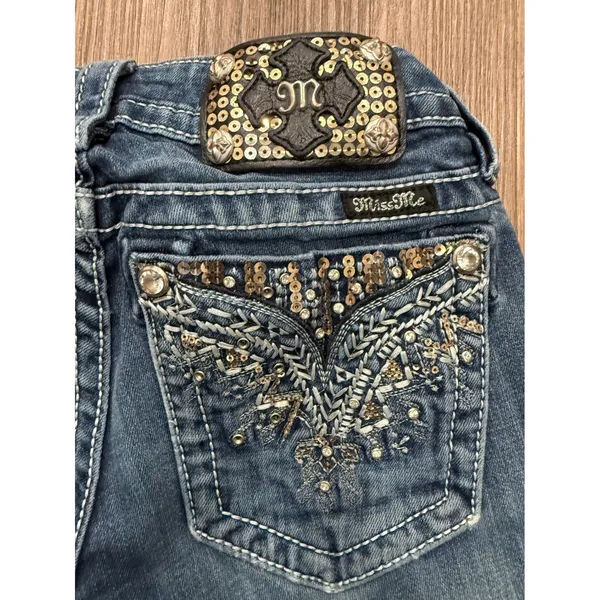 Miss Me Signature Boot Jeans 26 low rise Wash Embellished Distressed Bootcut - Image 3