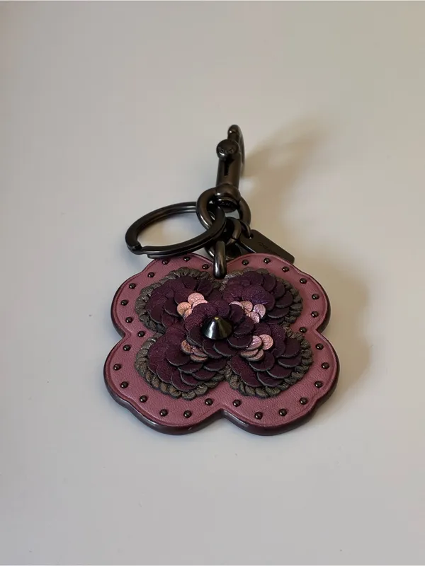Coach Leather Sequin Applique Tea Rose Key Ring Bag Charm, Pink / Purple, 32677 - Image 4