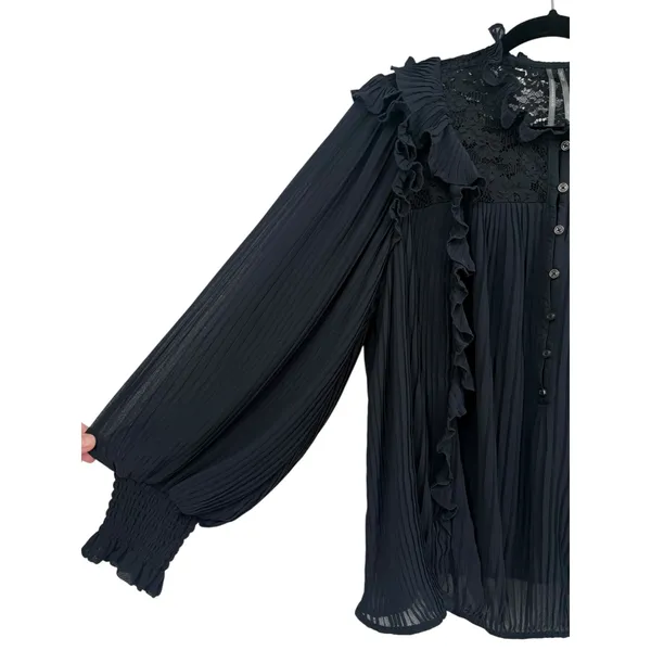 Anthropologie Pleated Ruffled Sheer Lace Blouse‎ Top Black Size LP Whimsigoth - Image 10