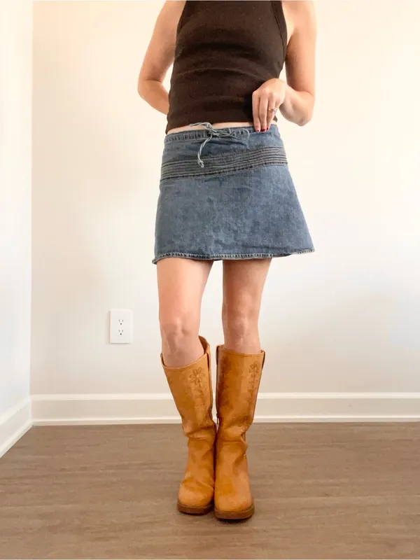 Vintage Old Navy Blue Cotton Denim Mini Skirt with Drawstring Waist - Image 3