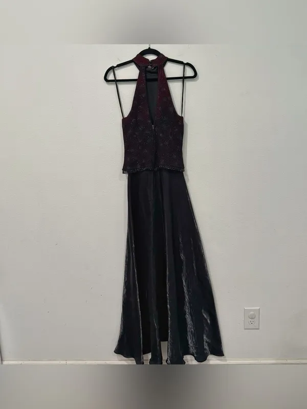 Bari Jay Vintage Sparkly Maroon Beaded Halter Satin Formal Evening Gown 4/6 - Image 6