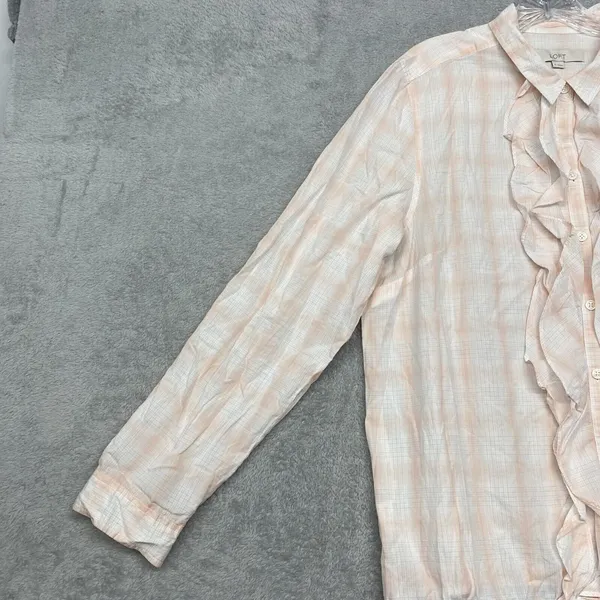 Loft Womens Shirt XL Orange White Plaid Button‎ Ruffle Cotton Top Ann Taylor - Image 2