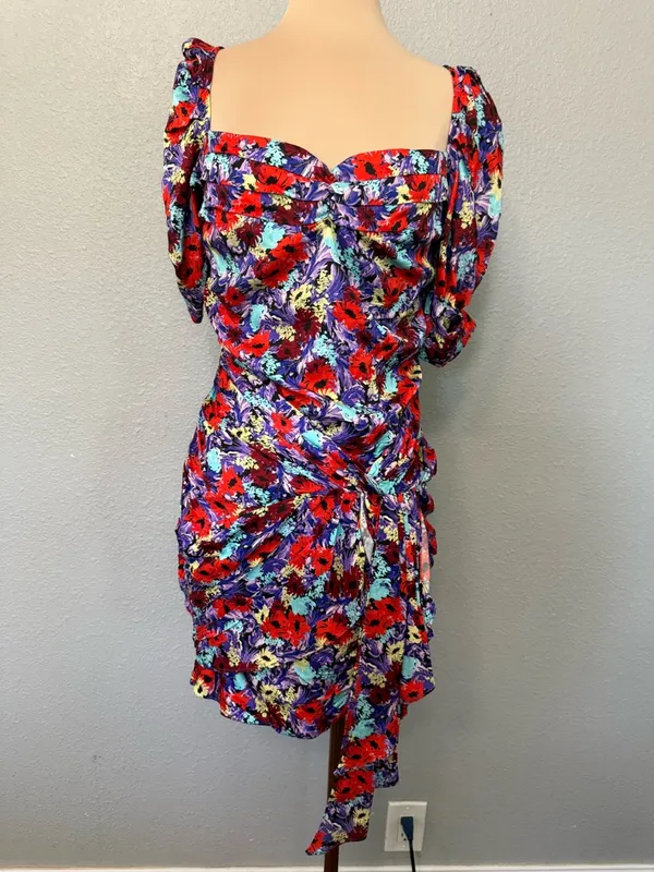 For Love & Lemons Chiara Purple Floral Ruched Puff Sleeve Mini Dress Size Medium - Image 3