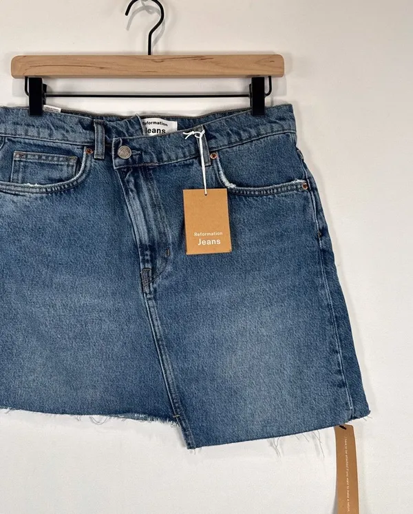 NEW Reformation Womens Mini Skirt Blue Ellie Asymmetric Denim Organic Cotton 28 - Image 5