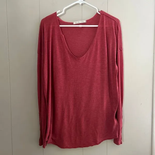 We The Free by Free People Red Long Sleeve Tee | Scoop Neck Soft Knit Top | Size - Image 2